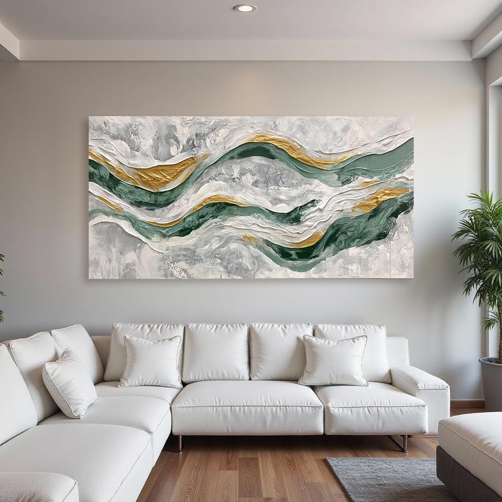 Abstract Green & Gold Wave Wall Art – Modern Textured Panoramic Painting #GT001