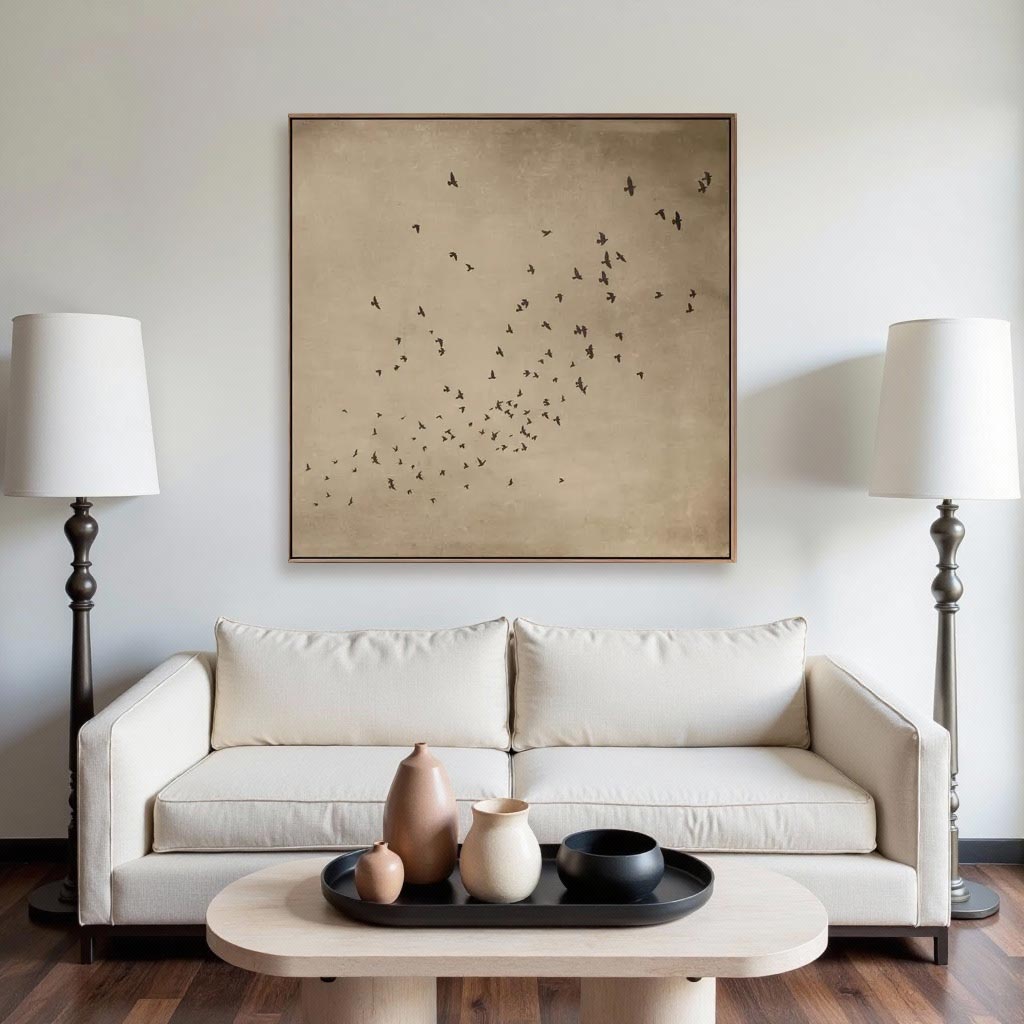 Minimalist Abstract Birds Oil Painting – Hand-Painted Neutral Wall Art #GT005