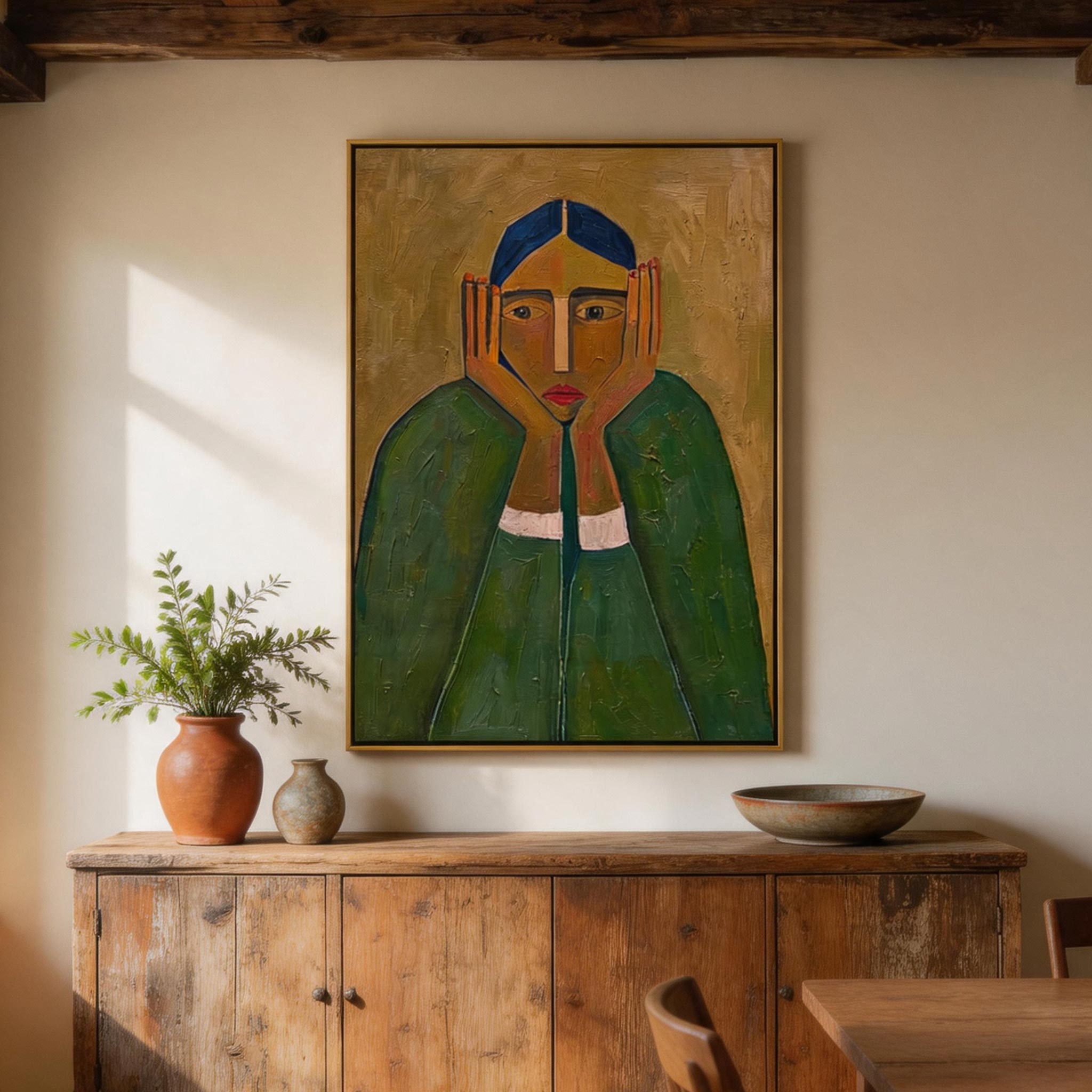 Seen — Frontal Woman Portrait Canvas Wall Art, Green & Gold #GT011