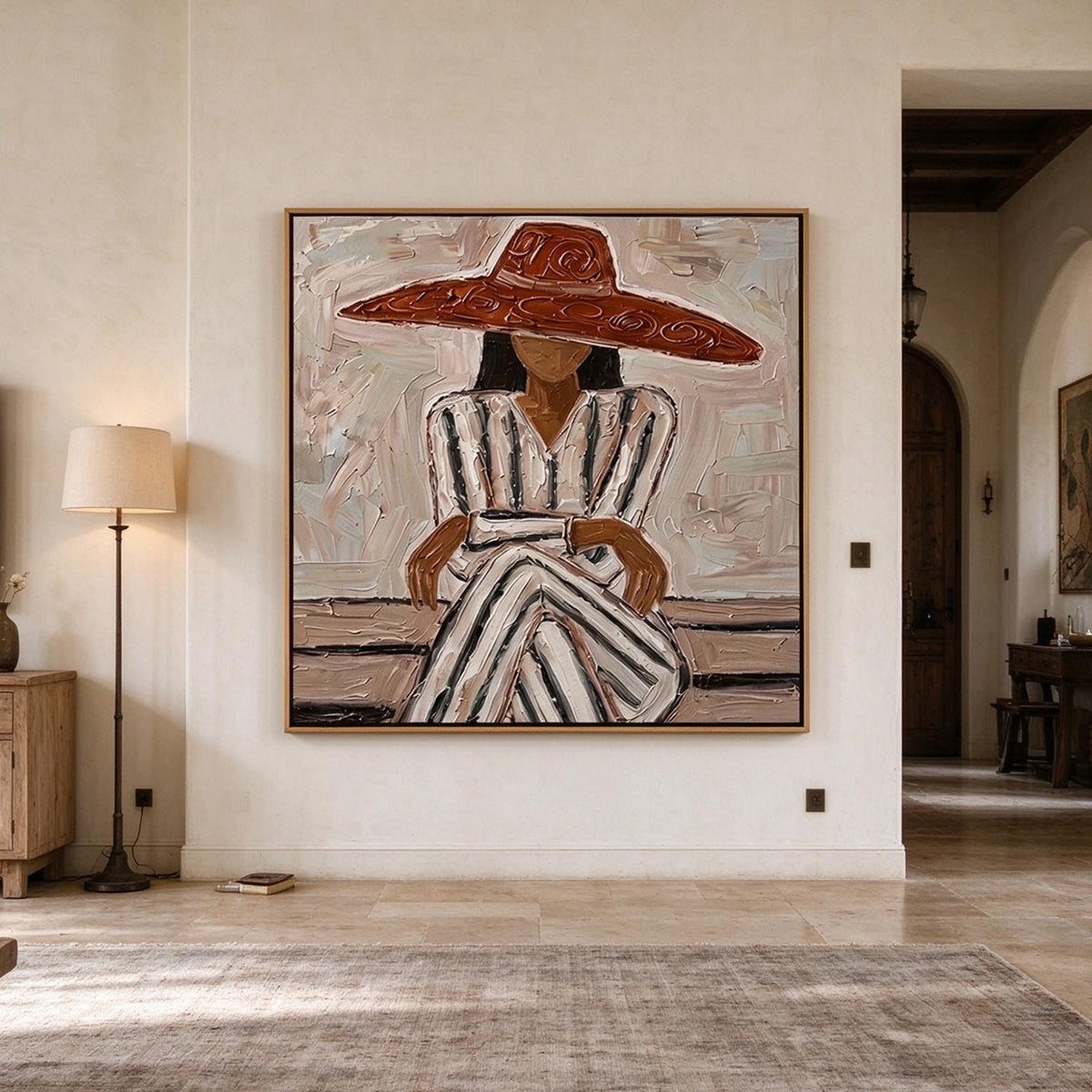 Red Hat Lady Textured Oil Painting | Neutral Fashion Wall Art #CA011