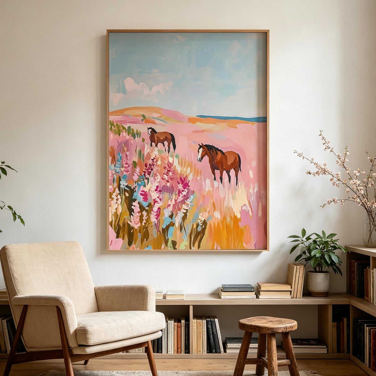 Horses in Pink Meadow Wall Art #AN016