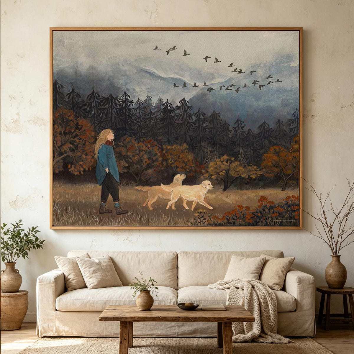 Autumn Walk with Dogs Landscape Wall Art #AN002