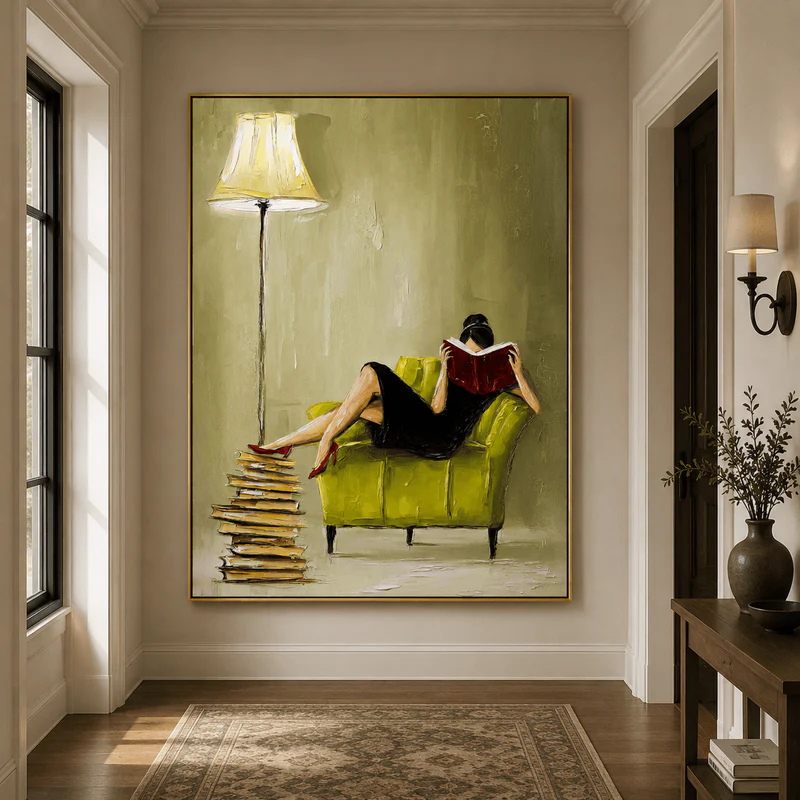 Woman Reading Textured Canvas Print — Framed Green Armchair Wall Art #CP066