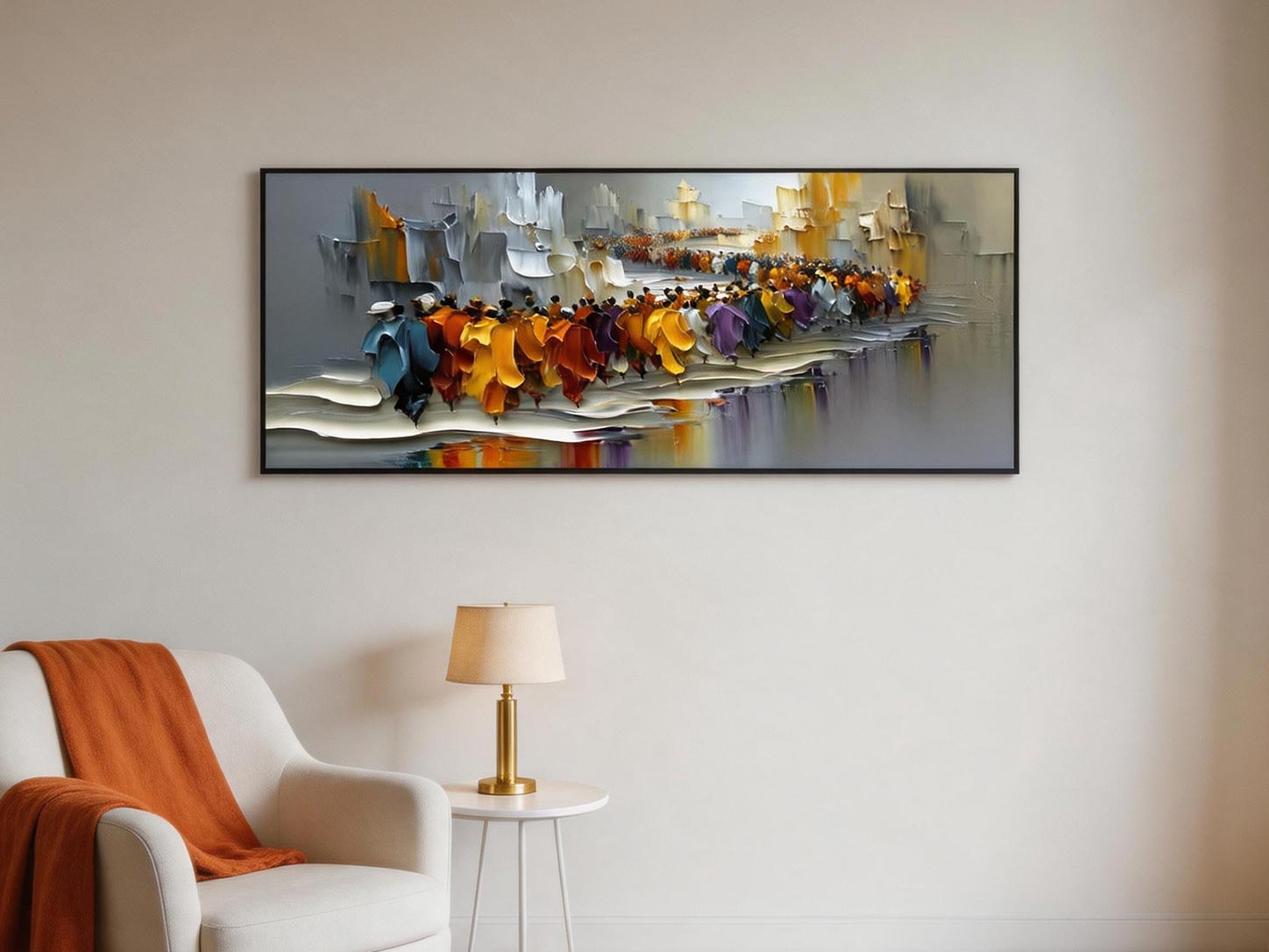 The March — Colourful Crowd Impasto Canvas Wall Art, Wide Format #CP055