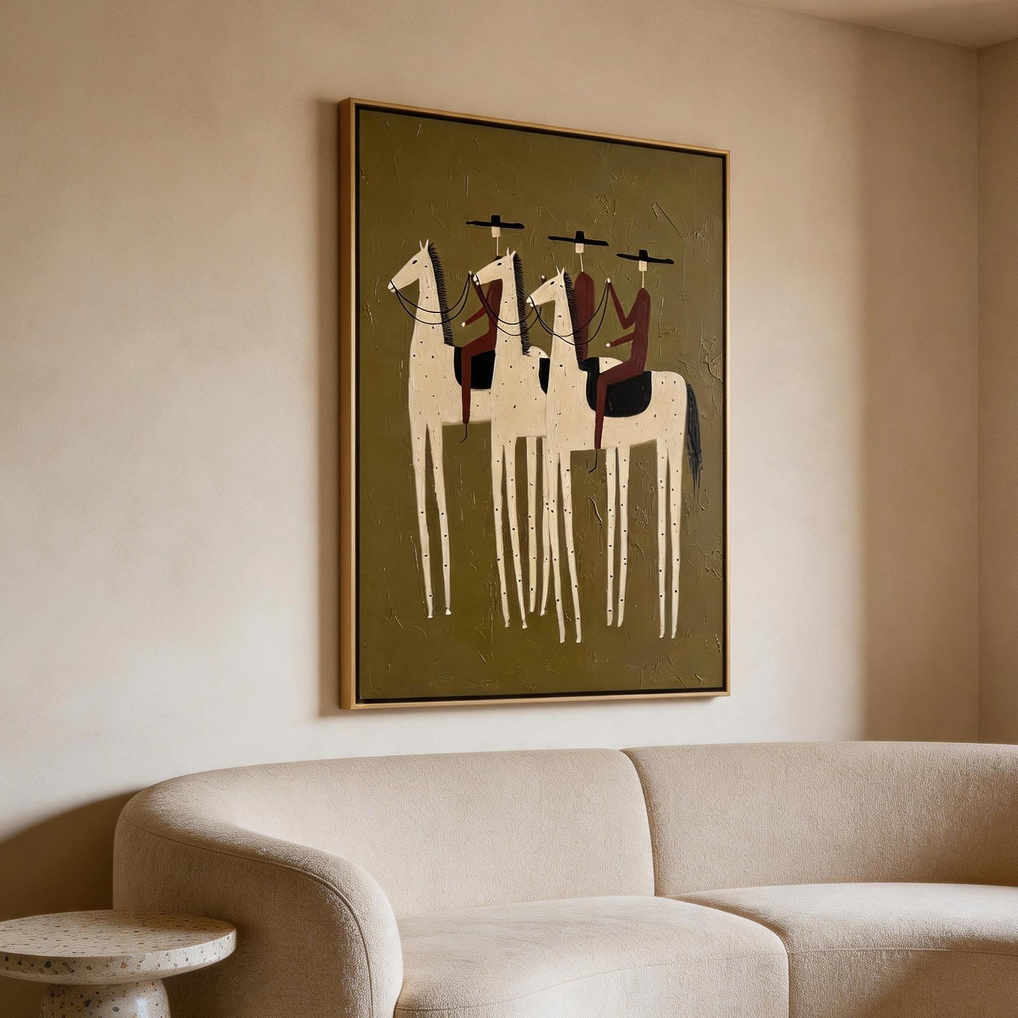 The Three Riders — Folk Art Equestrian Canvas Wall Art, Olive #HA045