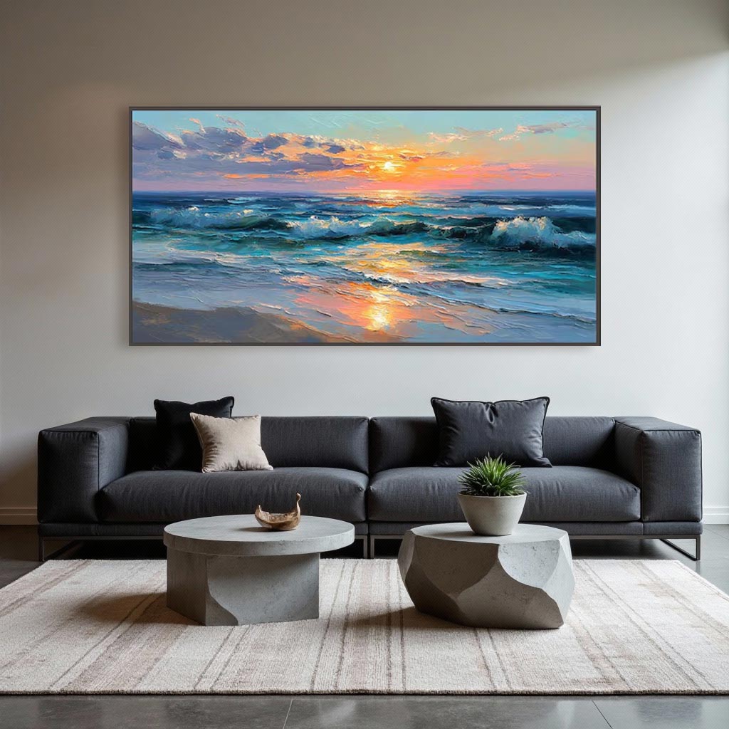 Sunset Ocean Wave Wall Art Canvas – Panoramic Coastal Seascape Painting #AT038