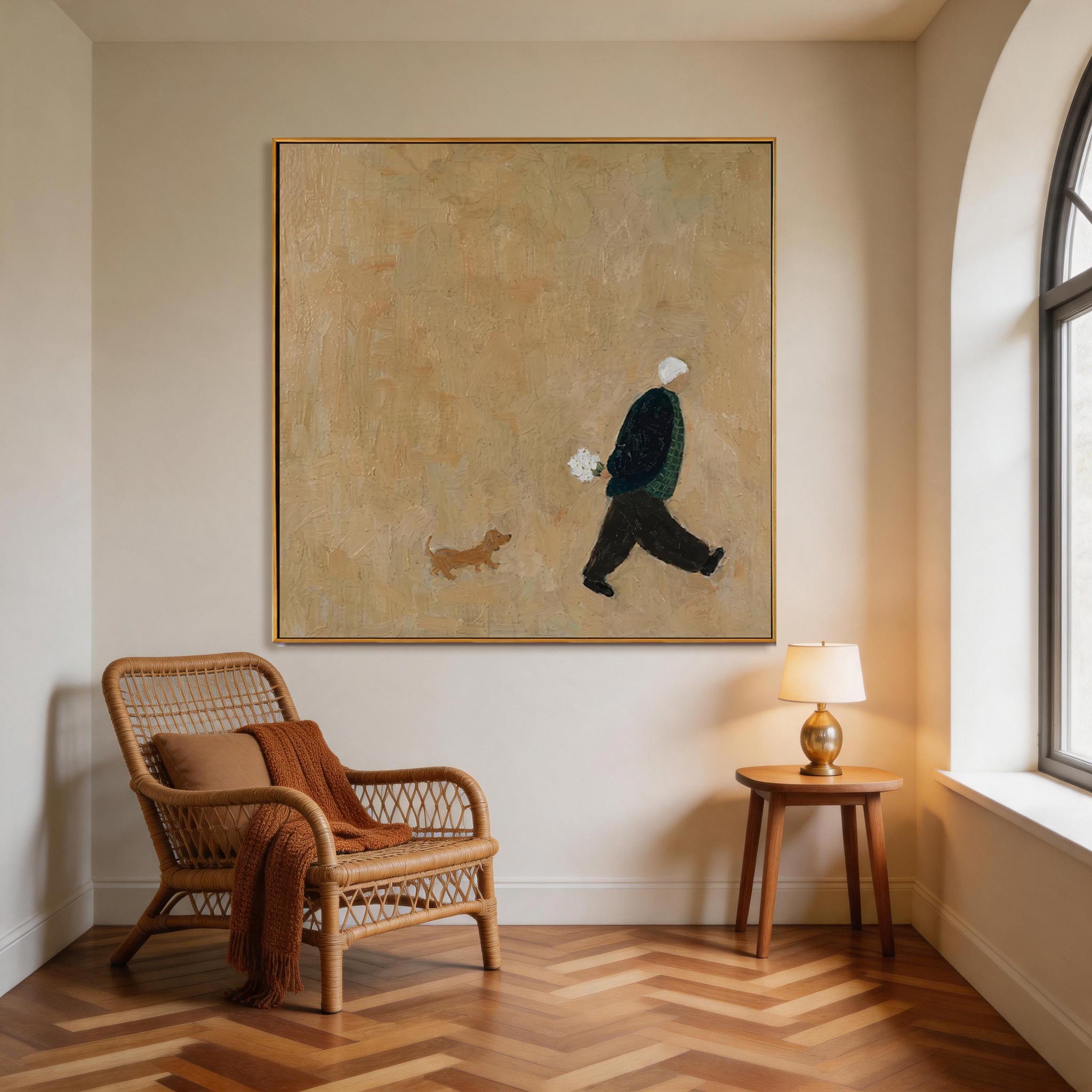 The Errand — Man with Flowers & Dachshund Canvas Wall Art #MA041