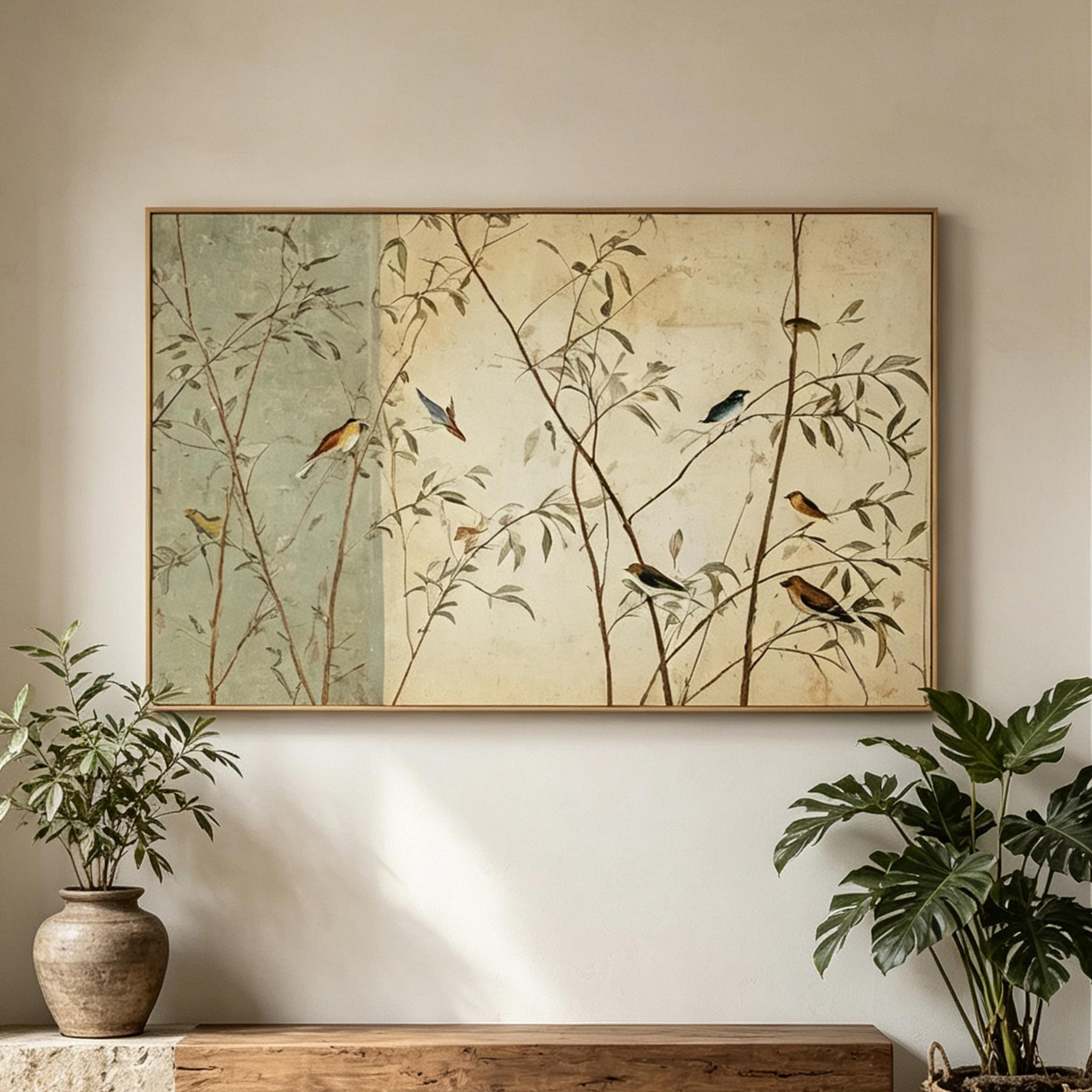 Songbird Garden – Vintage Chinoiserie Botanical Painting #AN005