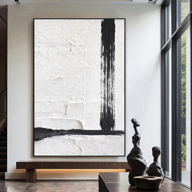 Black & White Minimalist Textured Canvas Painting — Original Large Abstract Wall Art #CP038