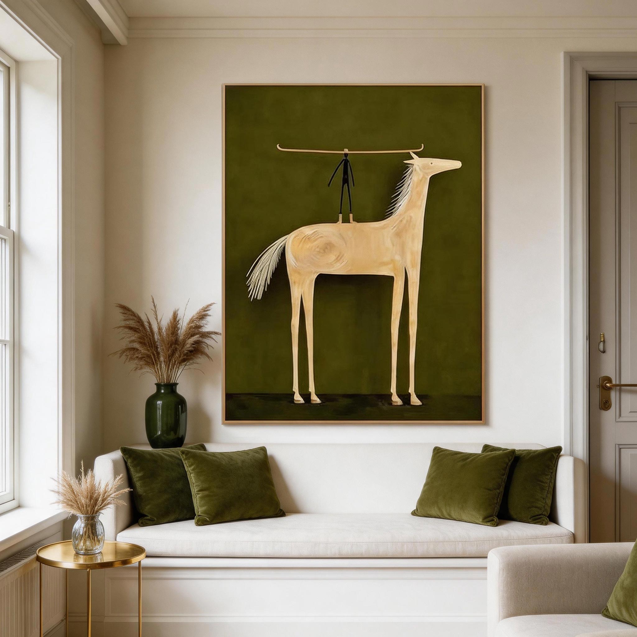 Balance — Primitive Stick Figure & Cream Horse Canvas Wall Art on Olive Green #HA037