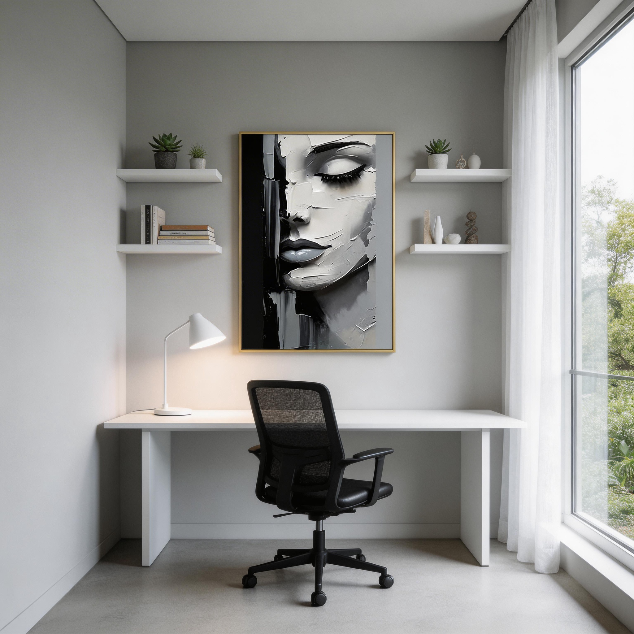 Abstract Black White Woman Portrait Wall Art – Textured Canvas Painting #MA026