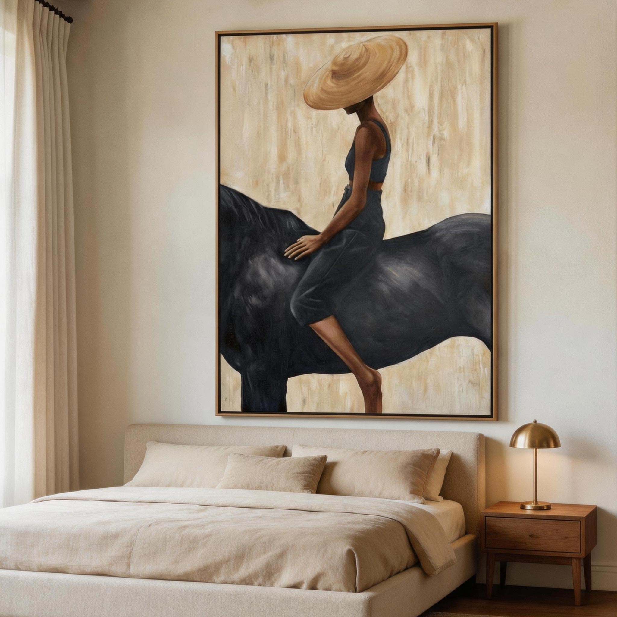 The Hat — Elegant Woman Figure Canvas Wall Art in Black & Gold #HA036