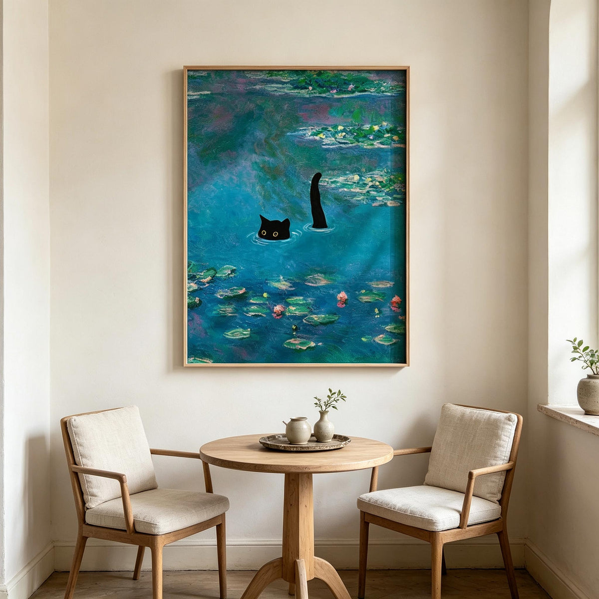 Black Cat in Lily Pond Wall Art #AN012