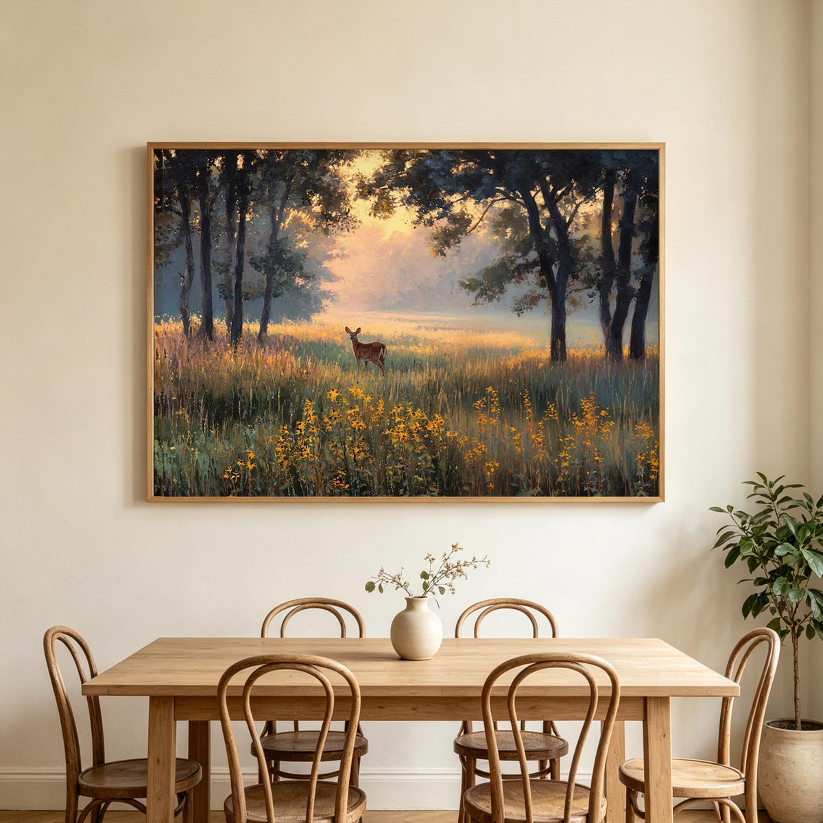 Deer in Golden Woodland Landscape Wall Art #AN003
