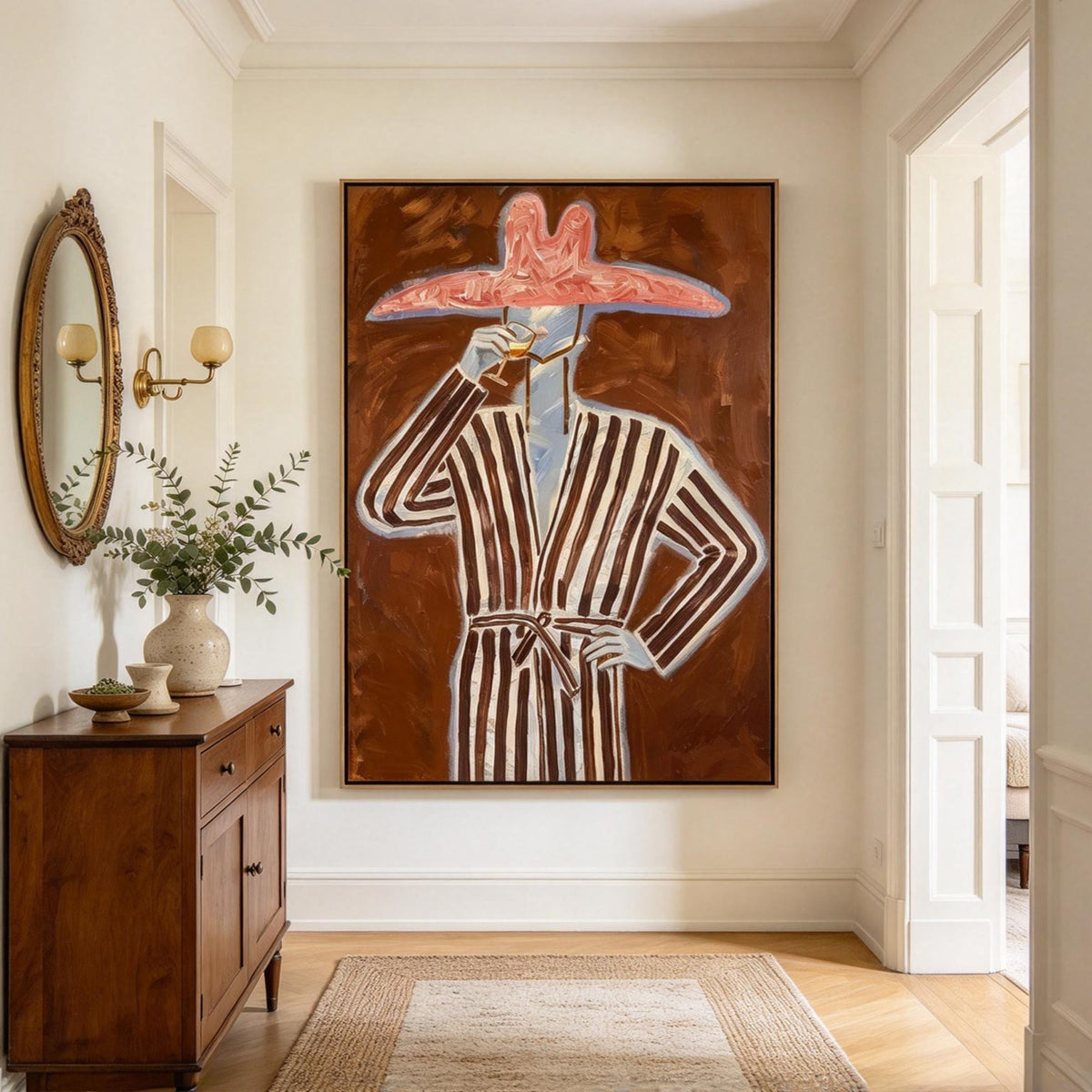 Pink Hat Cocktail Lady Oil Painting | Retro Fashion Wall Art #CA010