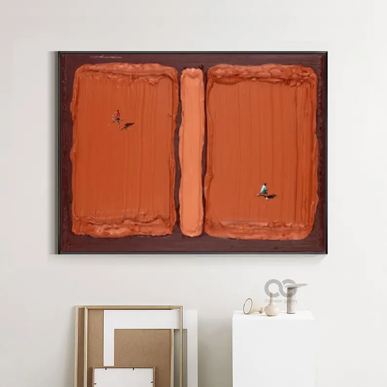 Textured Abstract Wall Art with Figures – Modern Orange Canvas Painting #CP018