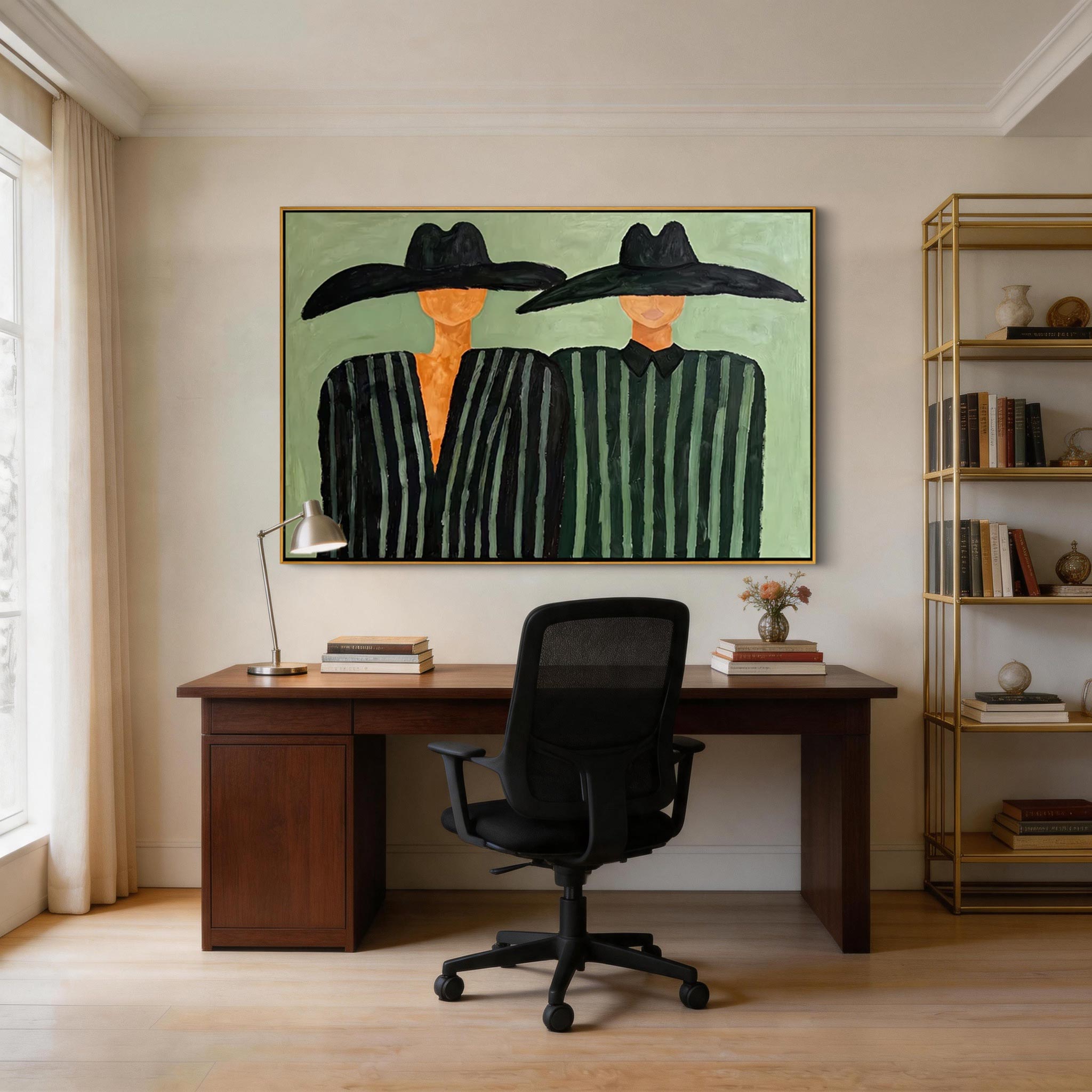 Hat & Stripe — Bold Duo Figure Canvas Wall Art, Mint Green #CP059