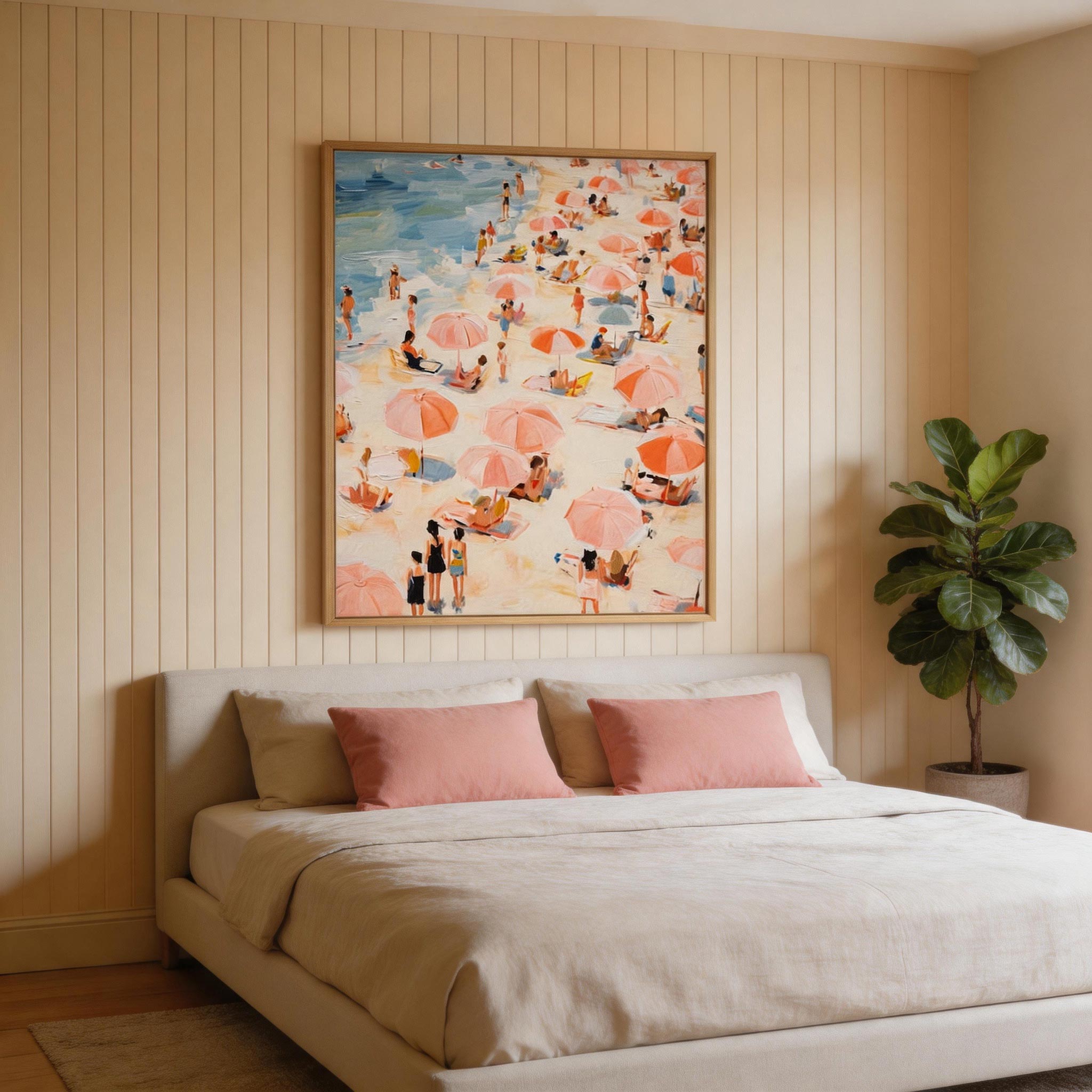 Summer Crowd — Peach Umbrella Beach Scene Canvas Wall Art #BC004