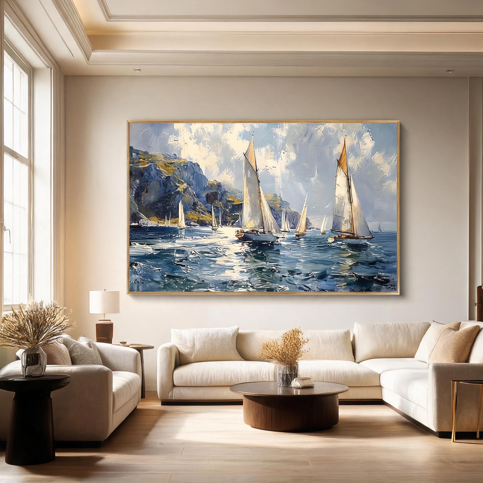 Fair Wind — Sailing Regatta Impasto Canvas Wall Art, Blue & Gold #GT012