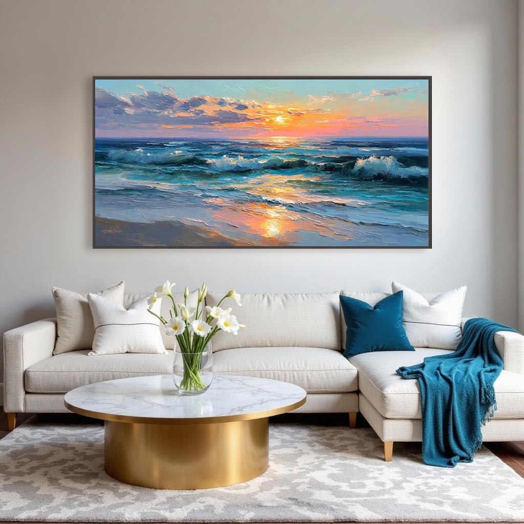 Sunset Ocean Wave Wall Art Canvas – Panoramic Coastal Seascape Painting #AT038