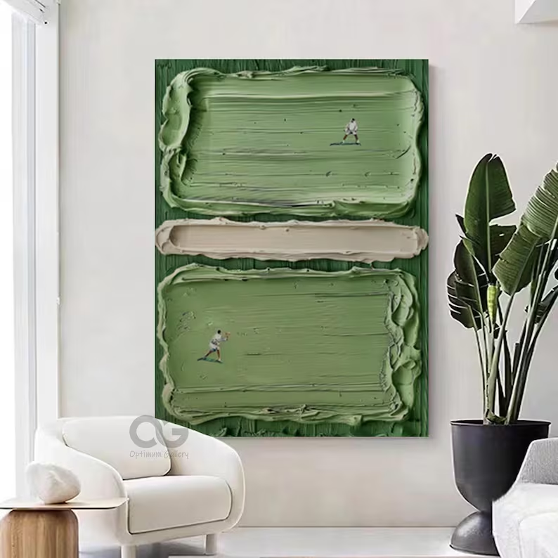 Vertical Textured Abstract Wall Art with Figures – Olive Green Canvas #CP021