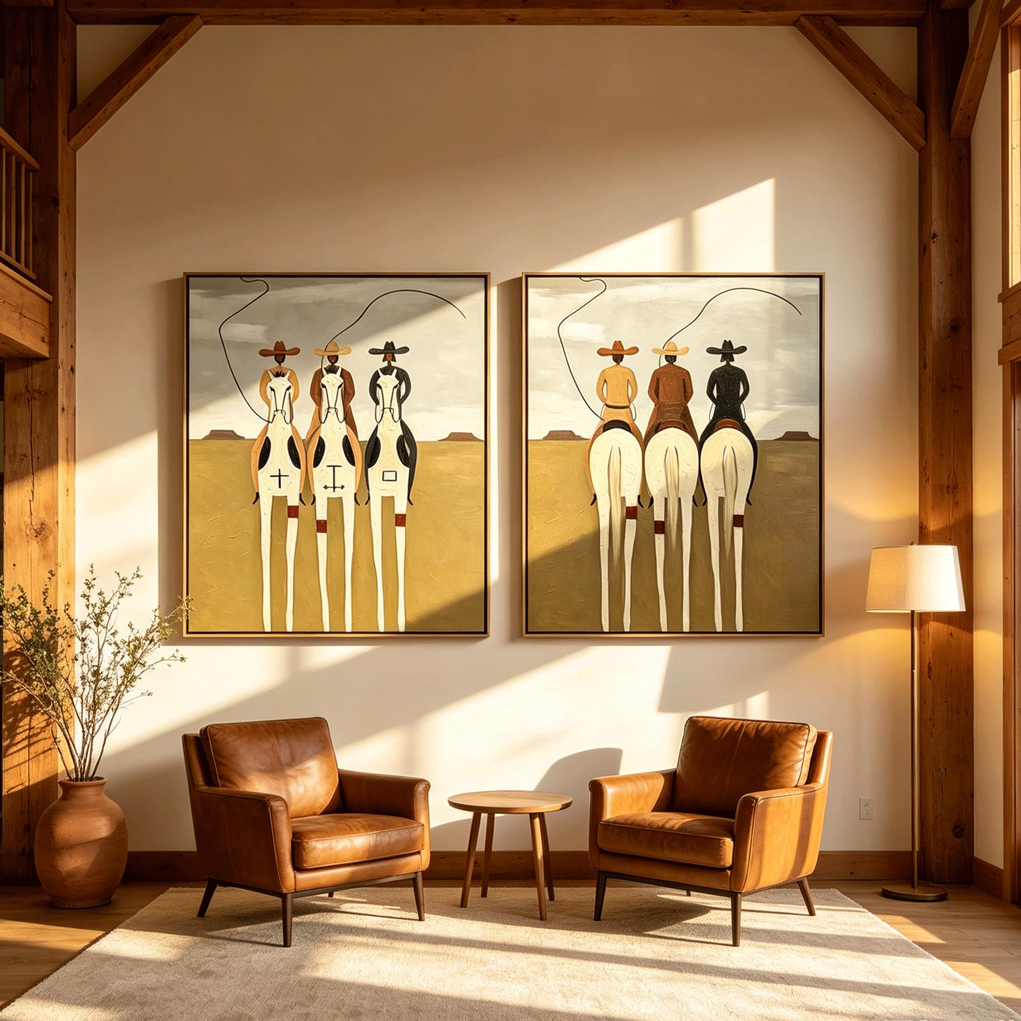 Golden Trail Riders – Whimsical Folk Art Cowboy Painting #HA059