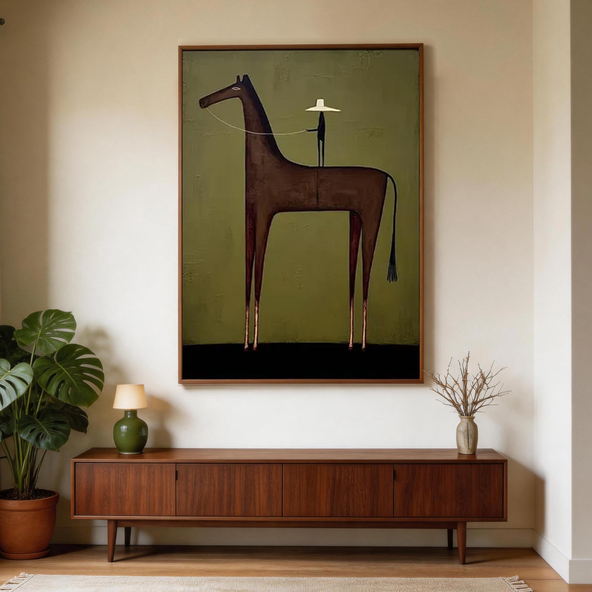 The Wrangler — Dark Horse & Hat Rider Folk Art Canvas Wall Art #HA038