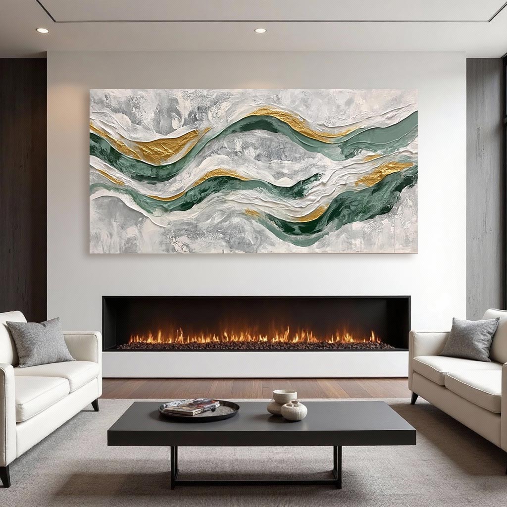 Abstract Green & Gold Wave Wall Art – Modern Textured Panoramic Painting #GT001