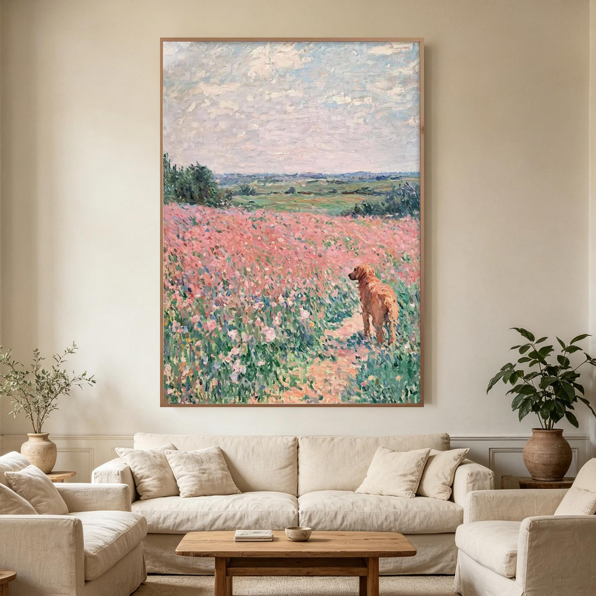 Dog in Pink Wildflower Meadow Wall Art #AN017