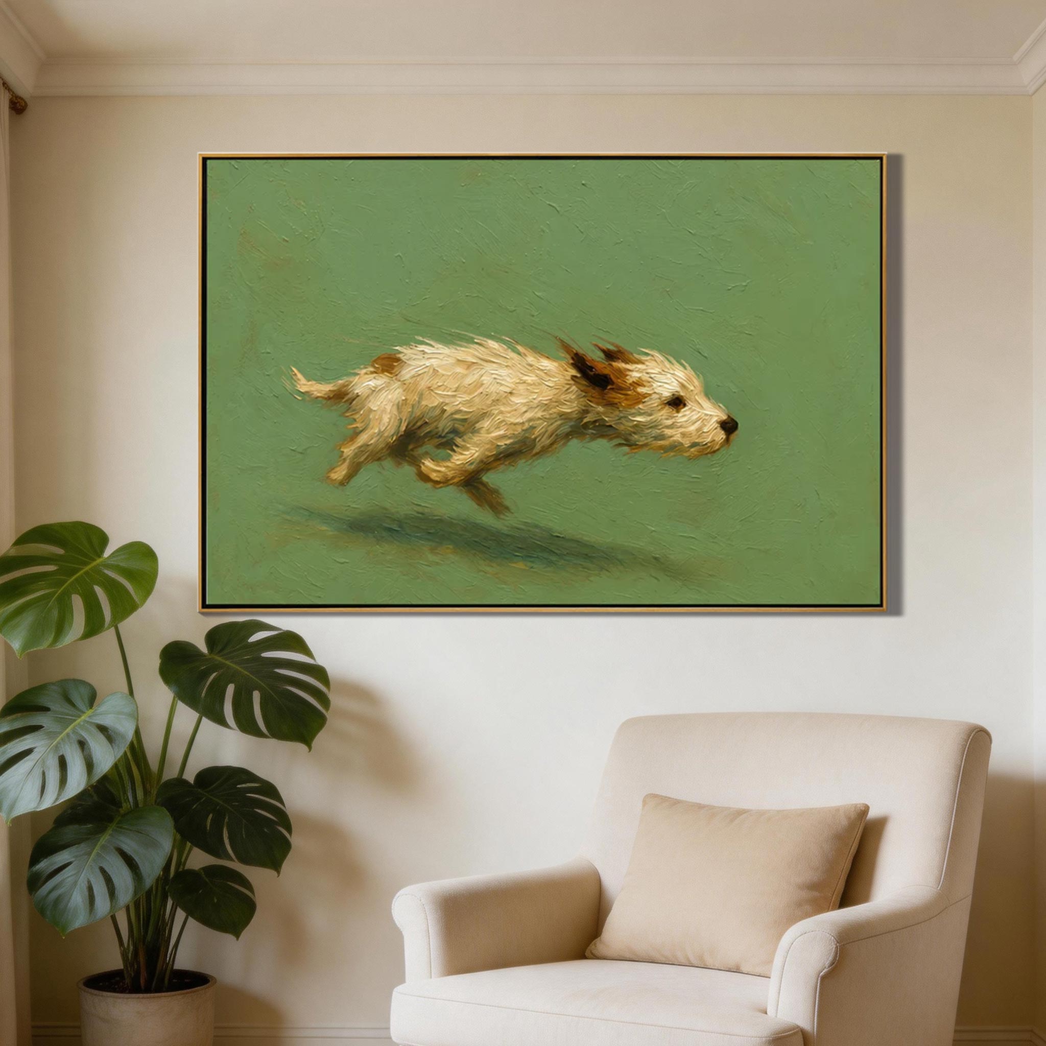 Full Speed — Running Terrier Impasto Canvas Wall Art on Sage Green #CP056
