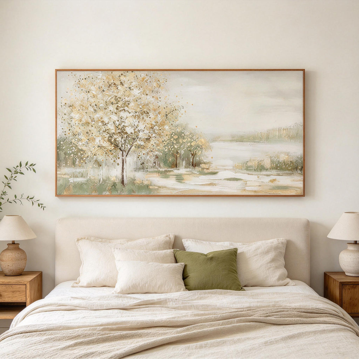 Soft Neutral Lakeside Trees Landscape Wall Art #LS070
