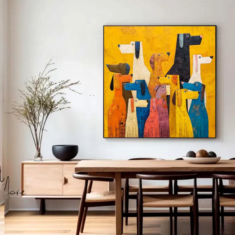 Abstract Colorful Dogs Canvas Painting — Original Whimsical Animal Wall Art #CP037