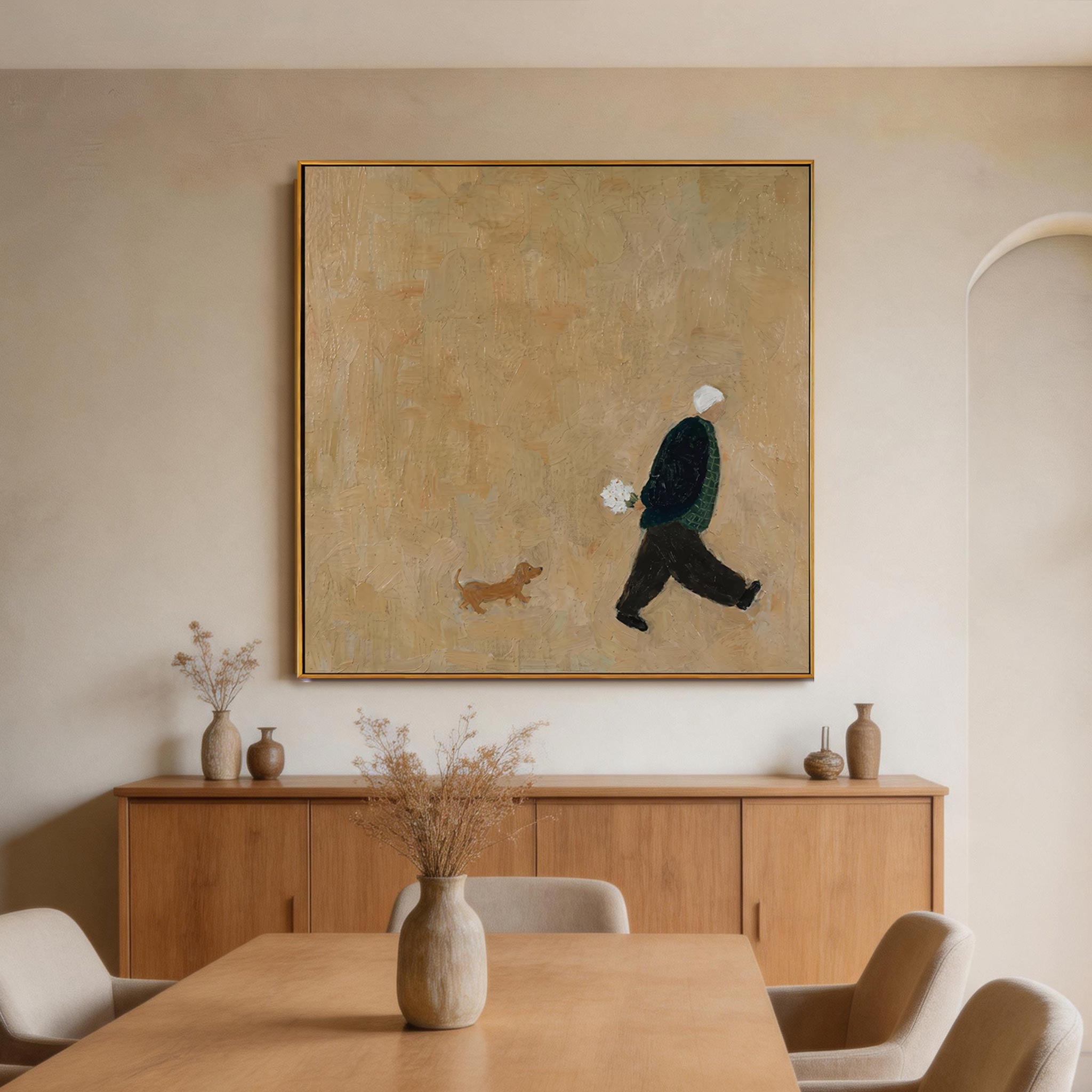 The Errand — Man with Flowers & Dachshund Canvas Wall Art #MA041