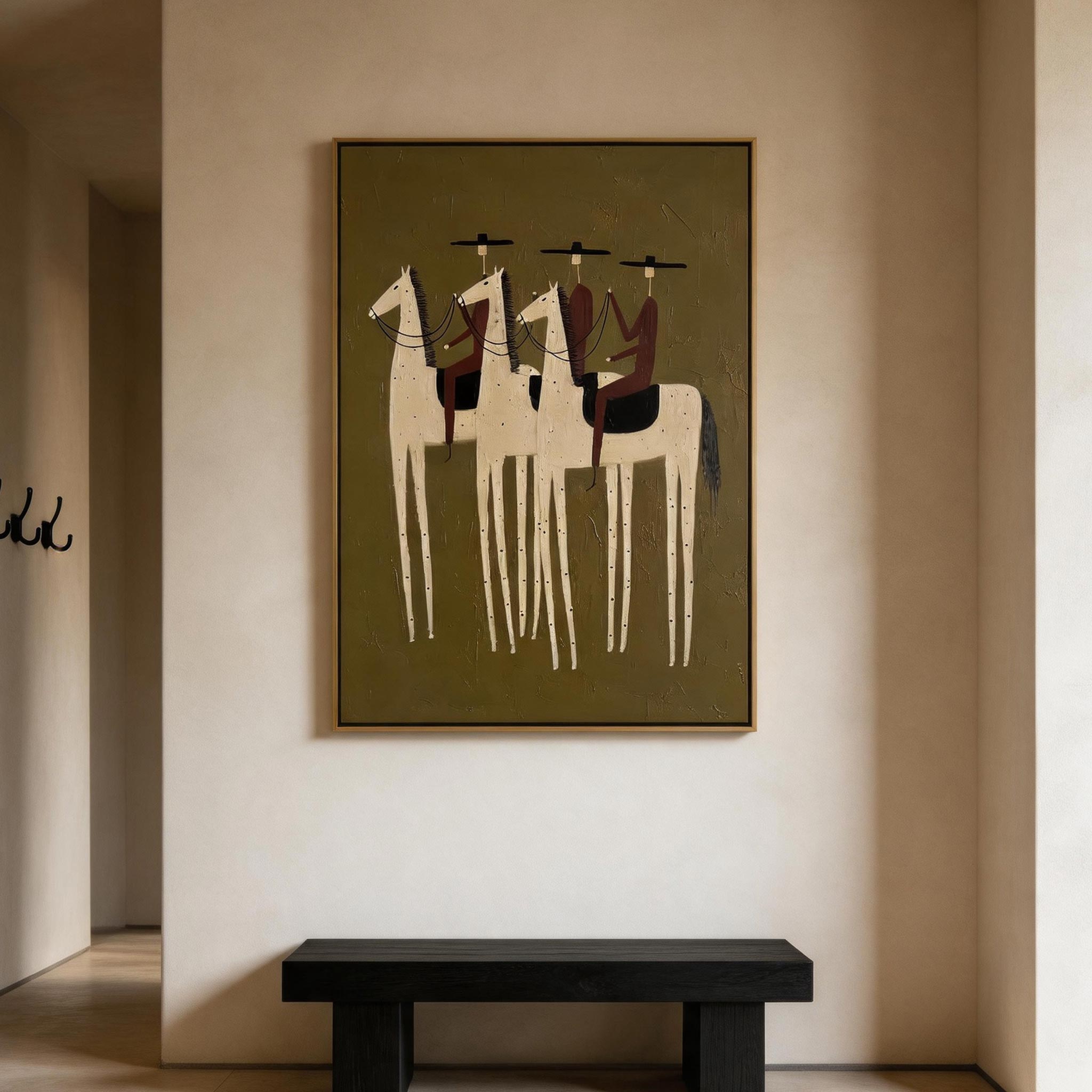 The Three Riders — Folk Art Equestrian Canvas Wall Art, Olive #HA045