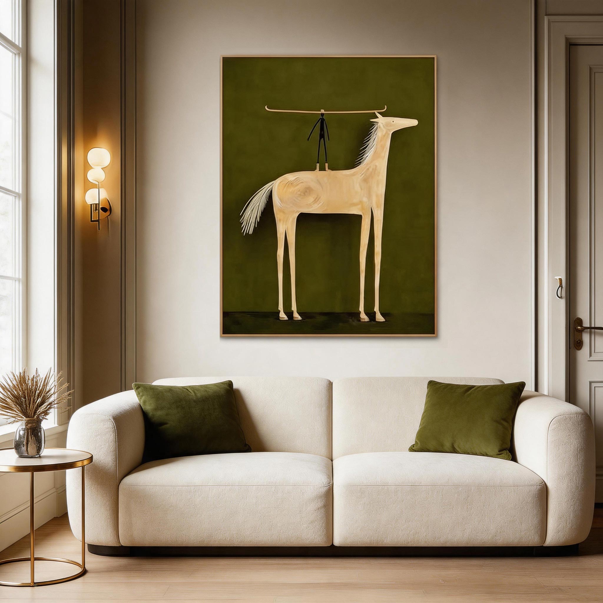 Balance — Primitive Stick Figure & Cream Horse Canvas Wall Art on Olive Green #HA037