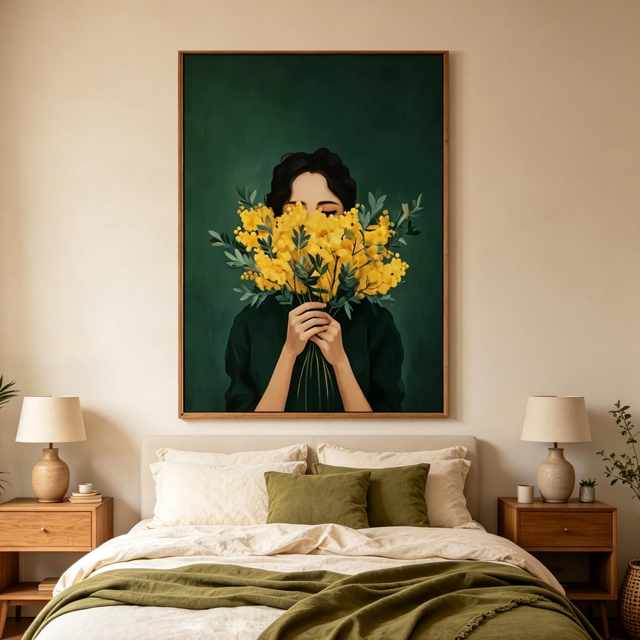 Behind the Mimosa – Modern Illustrative Floral Portrait Painting #CP067
