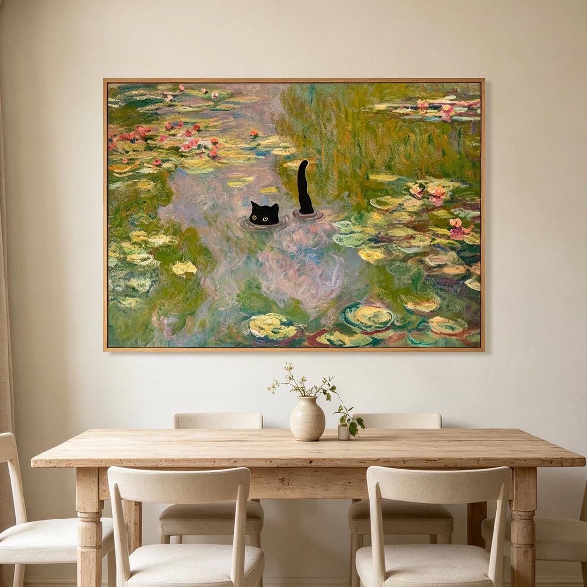 Black Cat in Water Lily Pond Wall Art #AN001