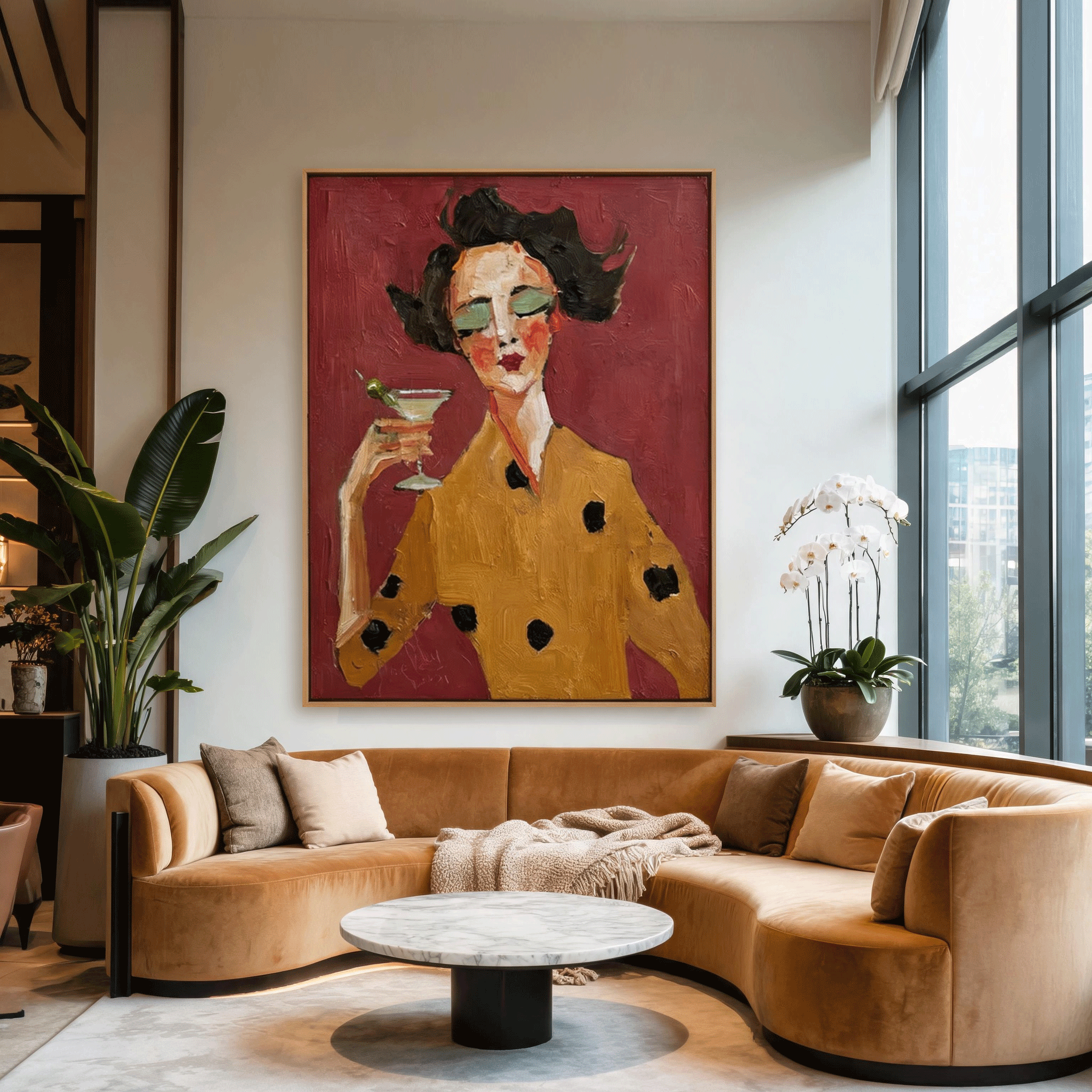 Modern Cocktail Woman Wall Art | Hand-Painted Figurative Oil Painting #MA044