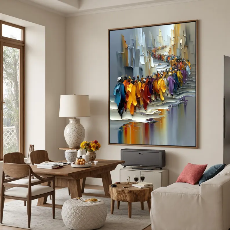 Large Colorful Crowd Procession Canvas Painting #CP035
