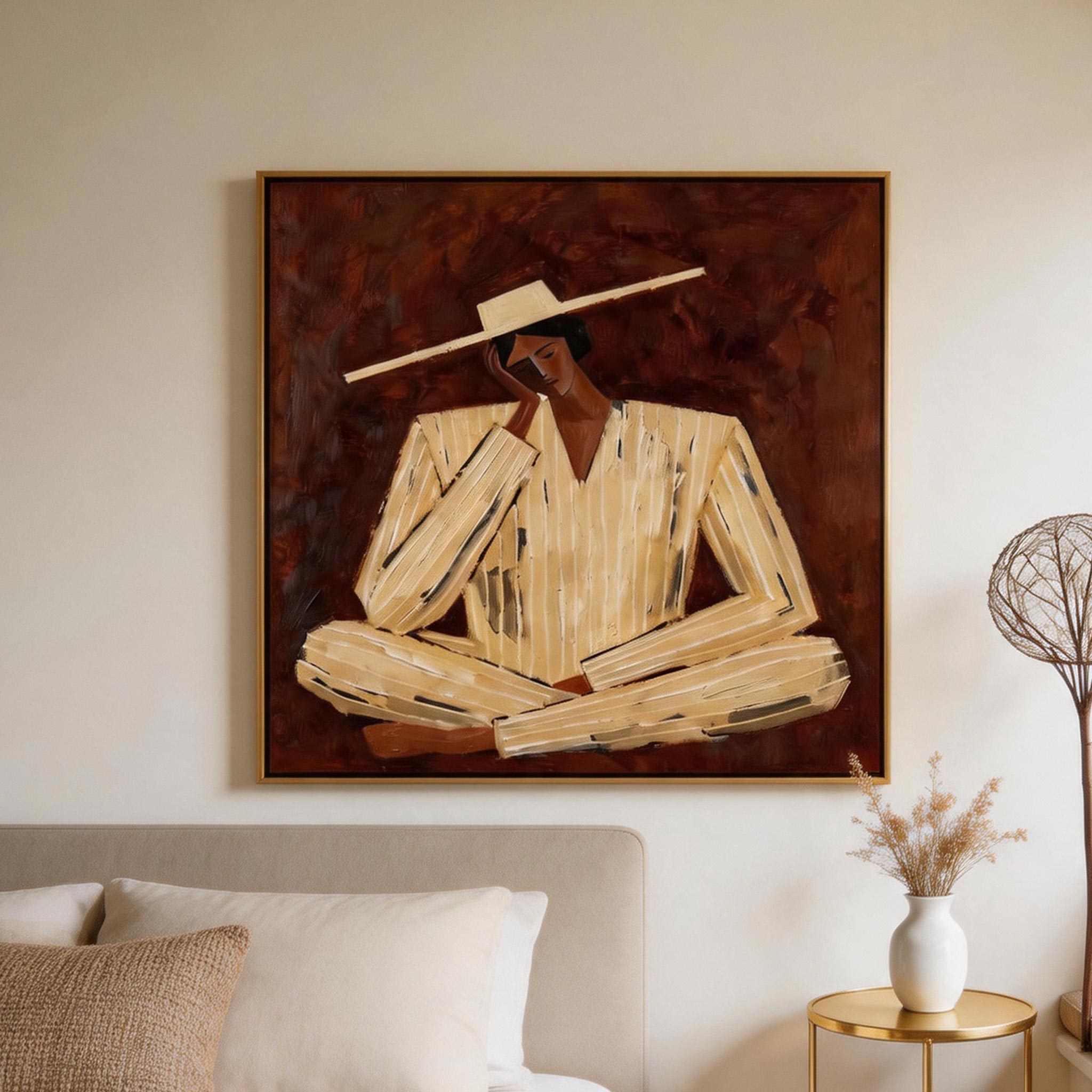 Still — Seated Figure in Wide Hat Canvas Wall Art, Ochre & Oxblood #CP058