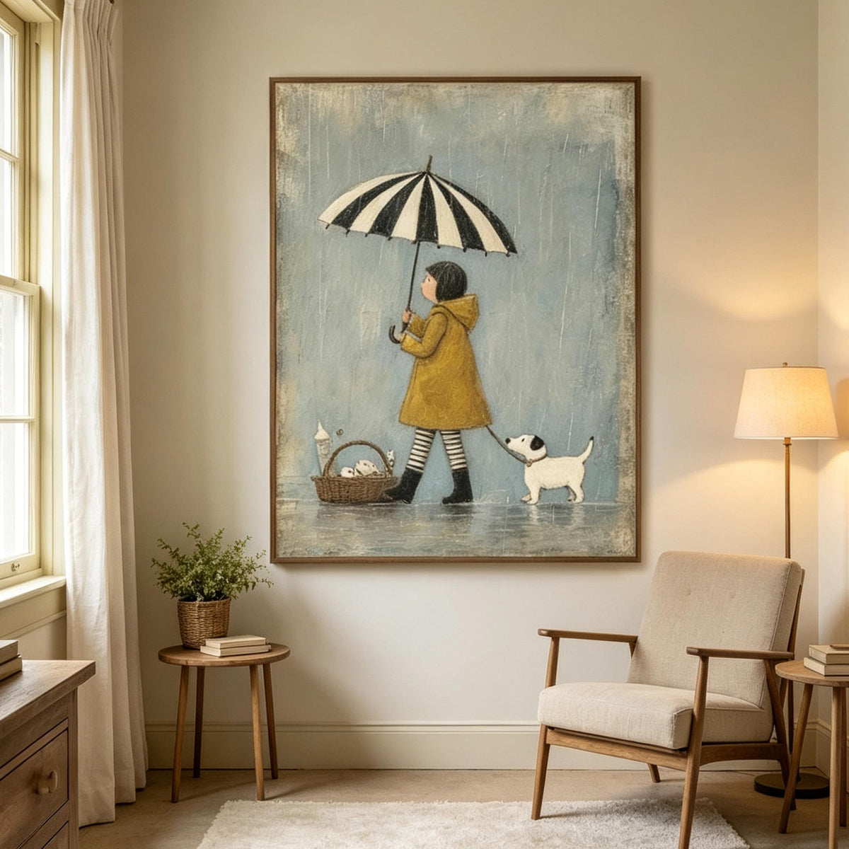Girl in the Yellow Coat – Whimsical Storybook Figurative Painting #UP004