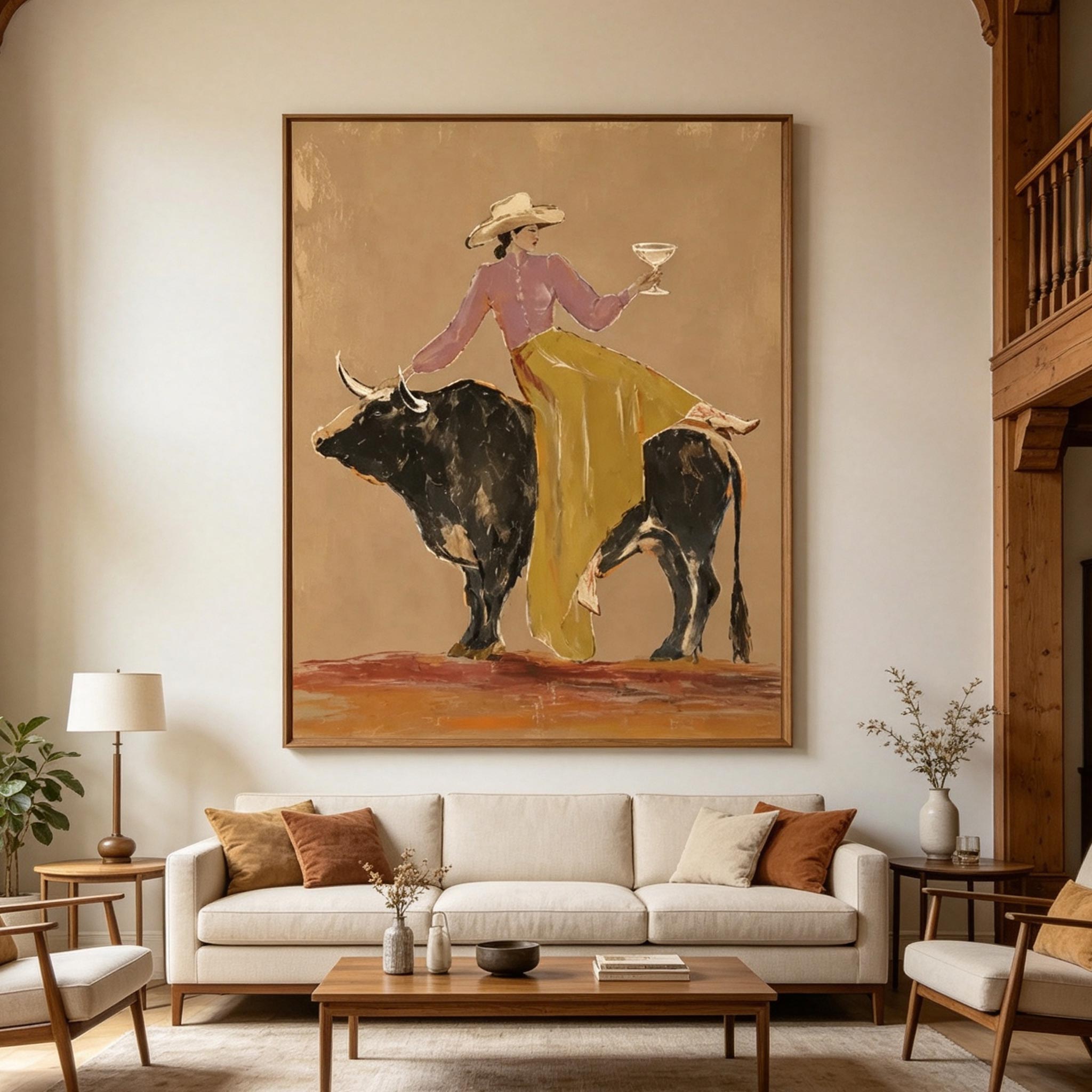 A Toast Atop the Bull – Whimsical Vintage Figurative Painting #CP076