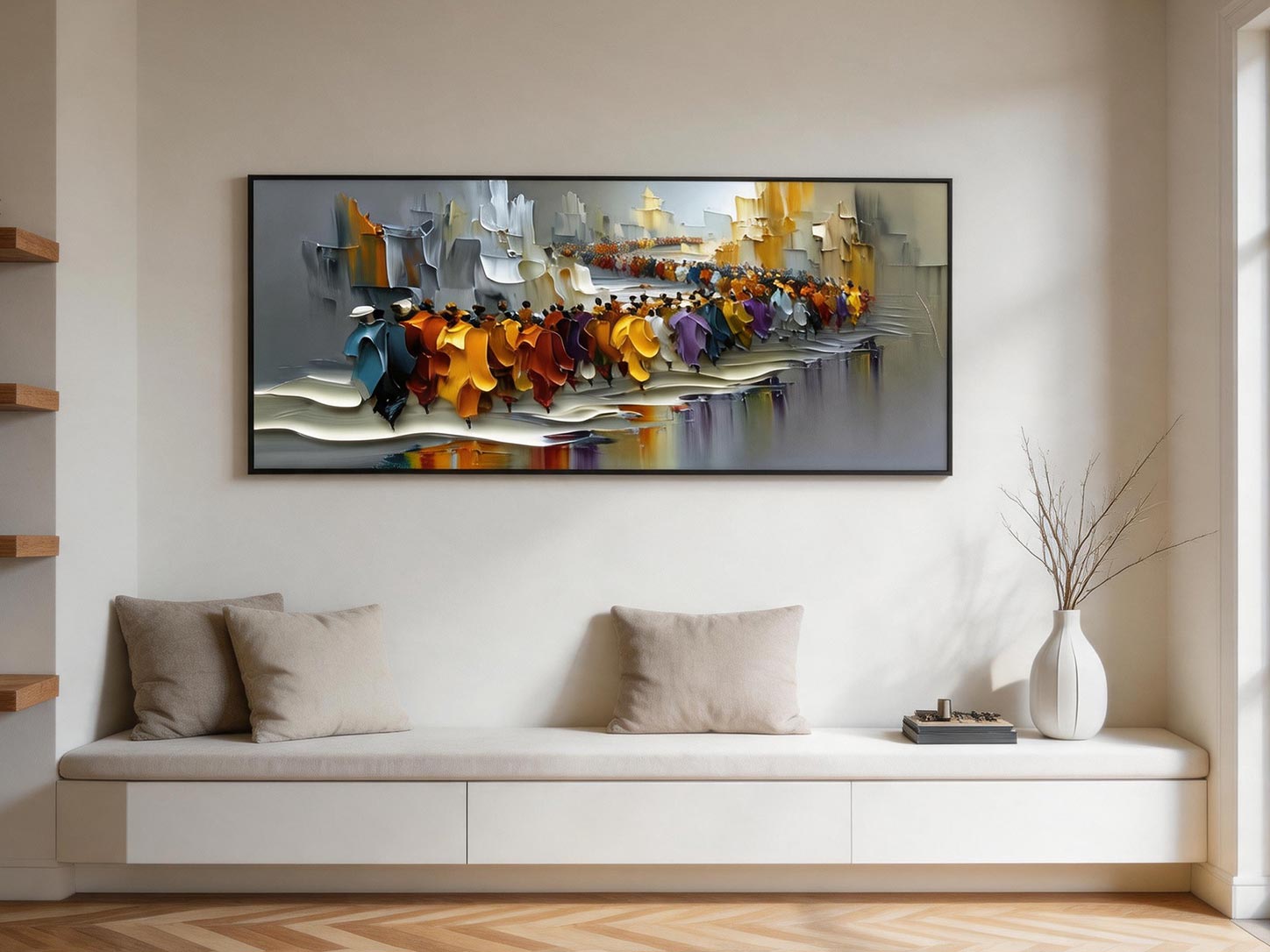 The March — Colourful Crowd Impasto Canvas Wall Art, Wide Format #CP055