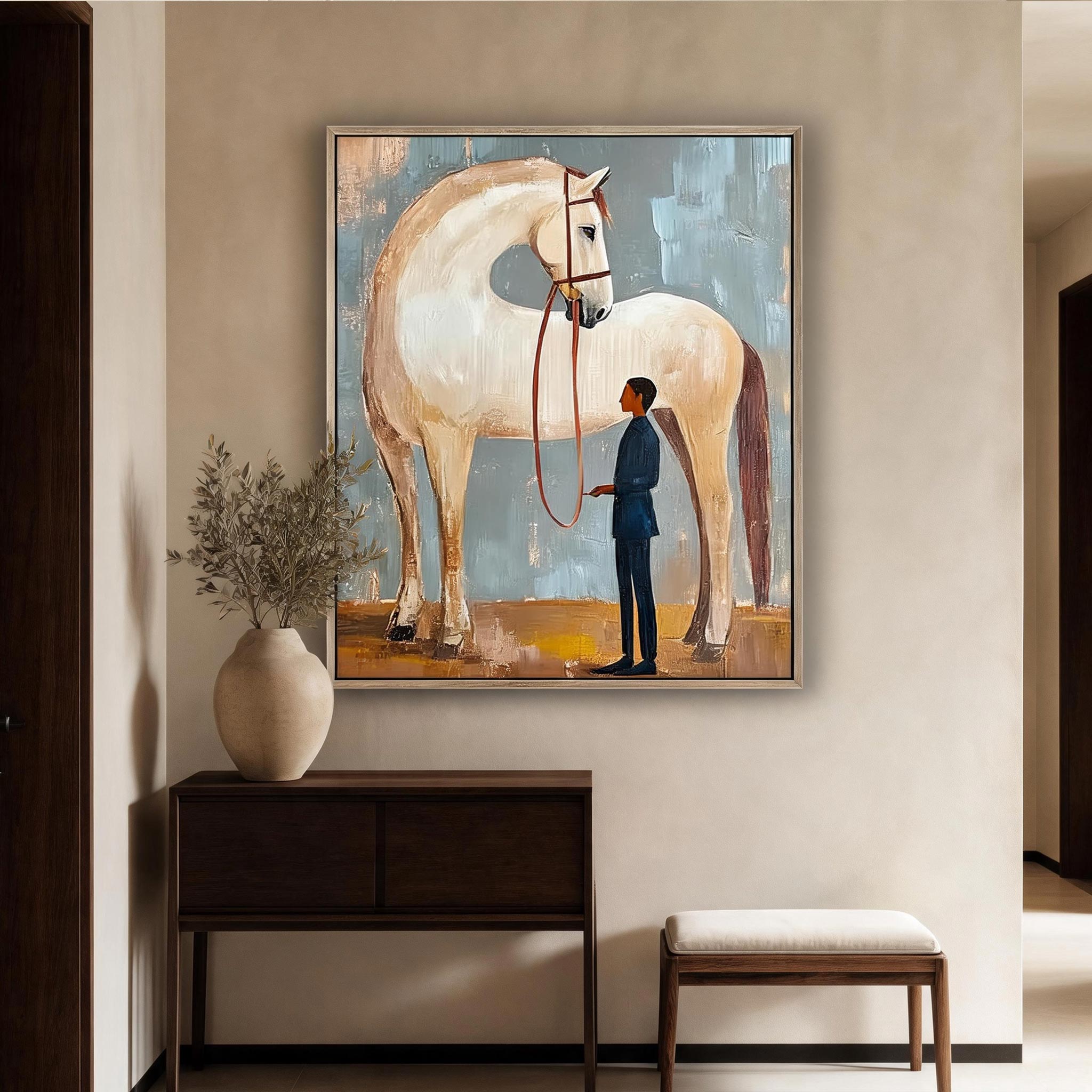 Quiet Bond Horse Wall Art | Minimalist Equestrian Oil Painting #HA050