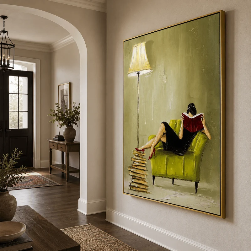 Woman Reading Textured Canvas Print — Framed Green Armchair Wall Art #CP066