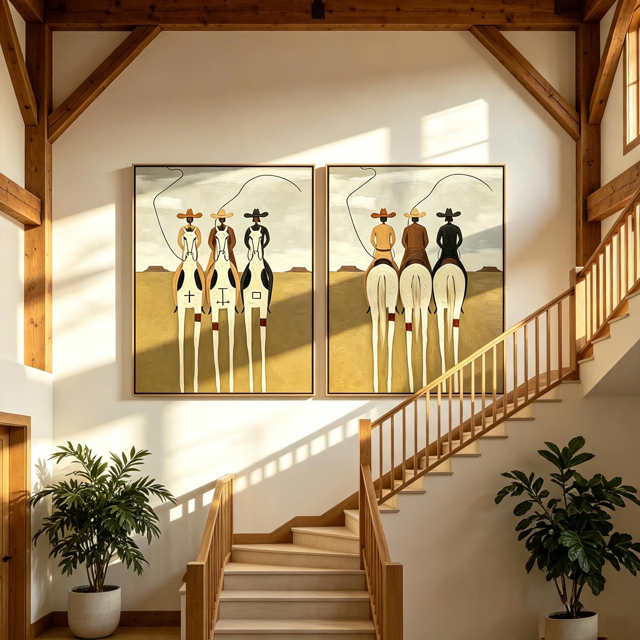 Golden Trail Riders – Whimsical Folk Art Cowboy Painting #HA059