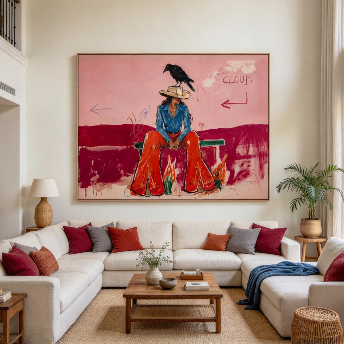 Pink Cowgirl & Crow Western Oil Painting #CA013