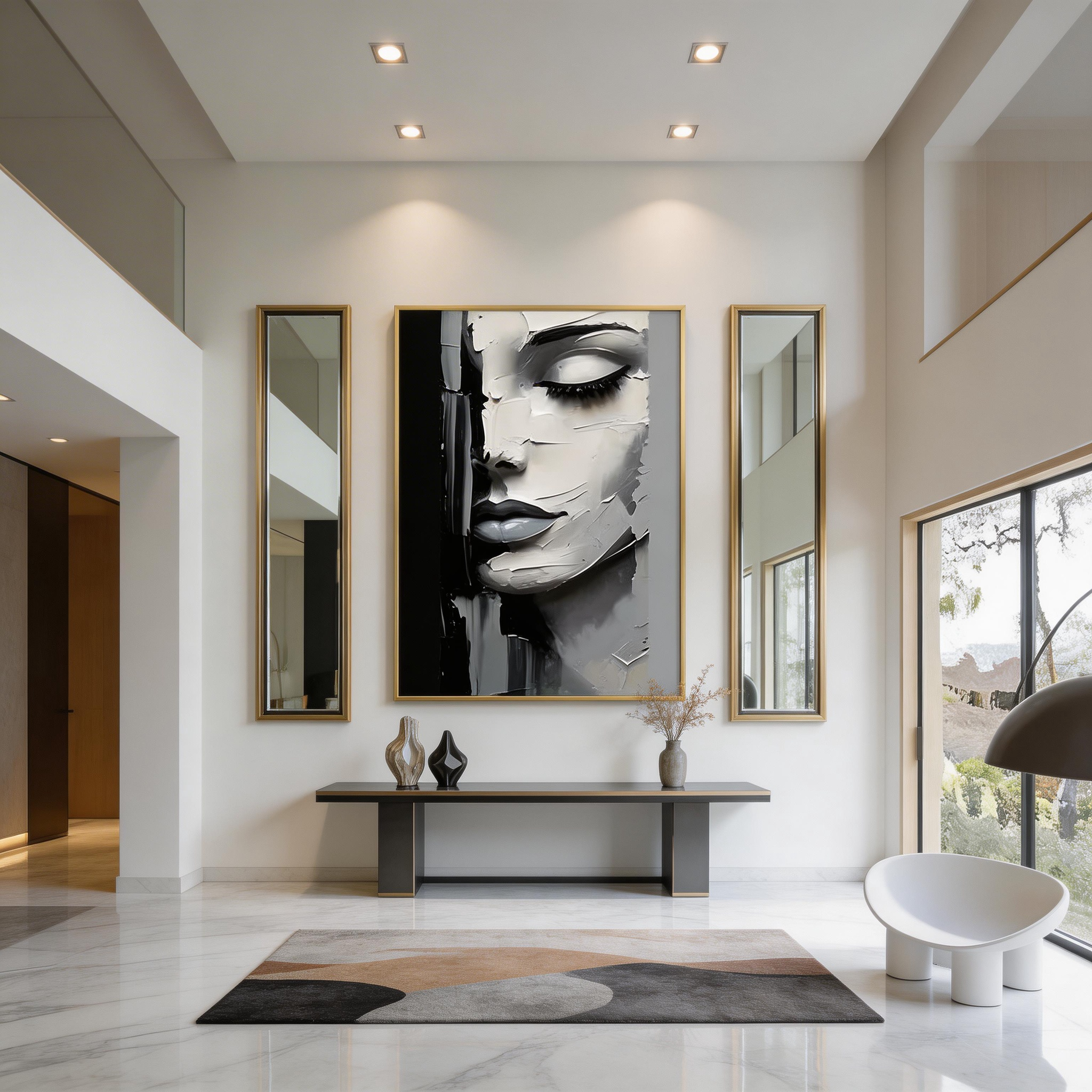Abstract Black White Woman Portrait Wall Art – Textured Canvas Painting #MA026