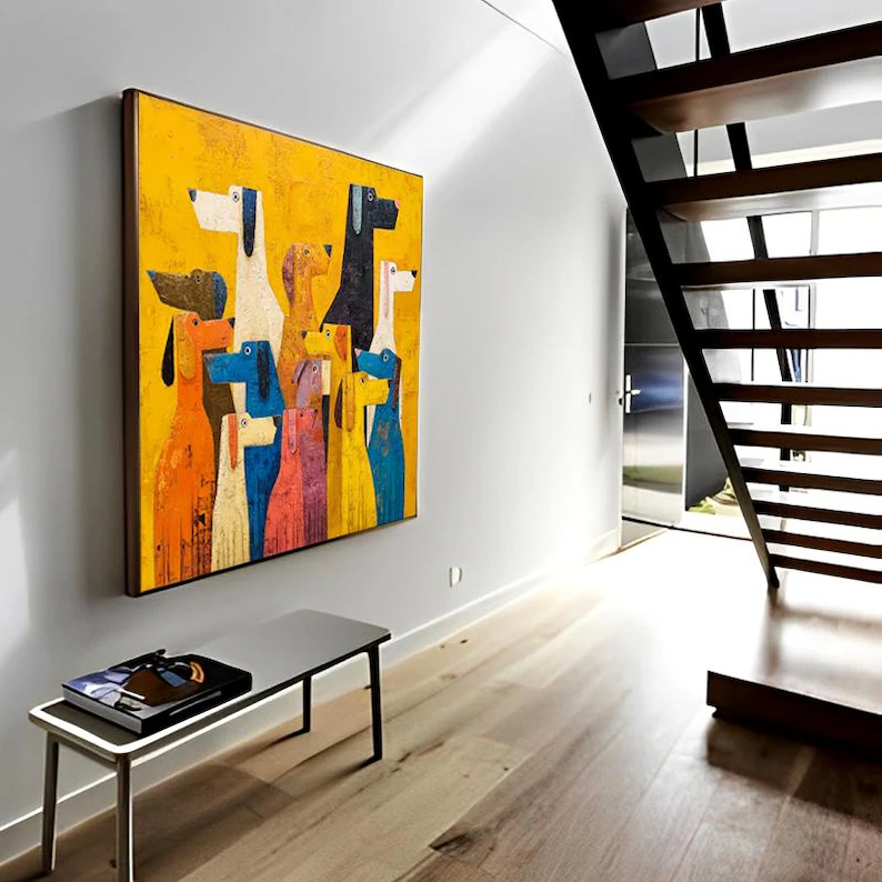 Abstract Colorful Dogs Canvas Painting — Original Whimsical Animal Wall Art #CP037