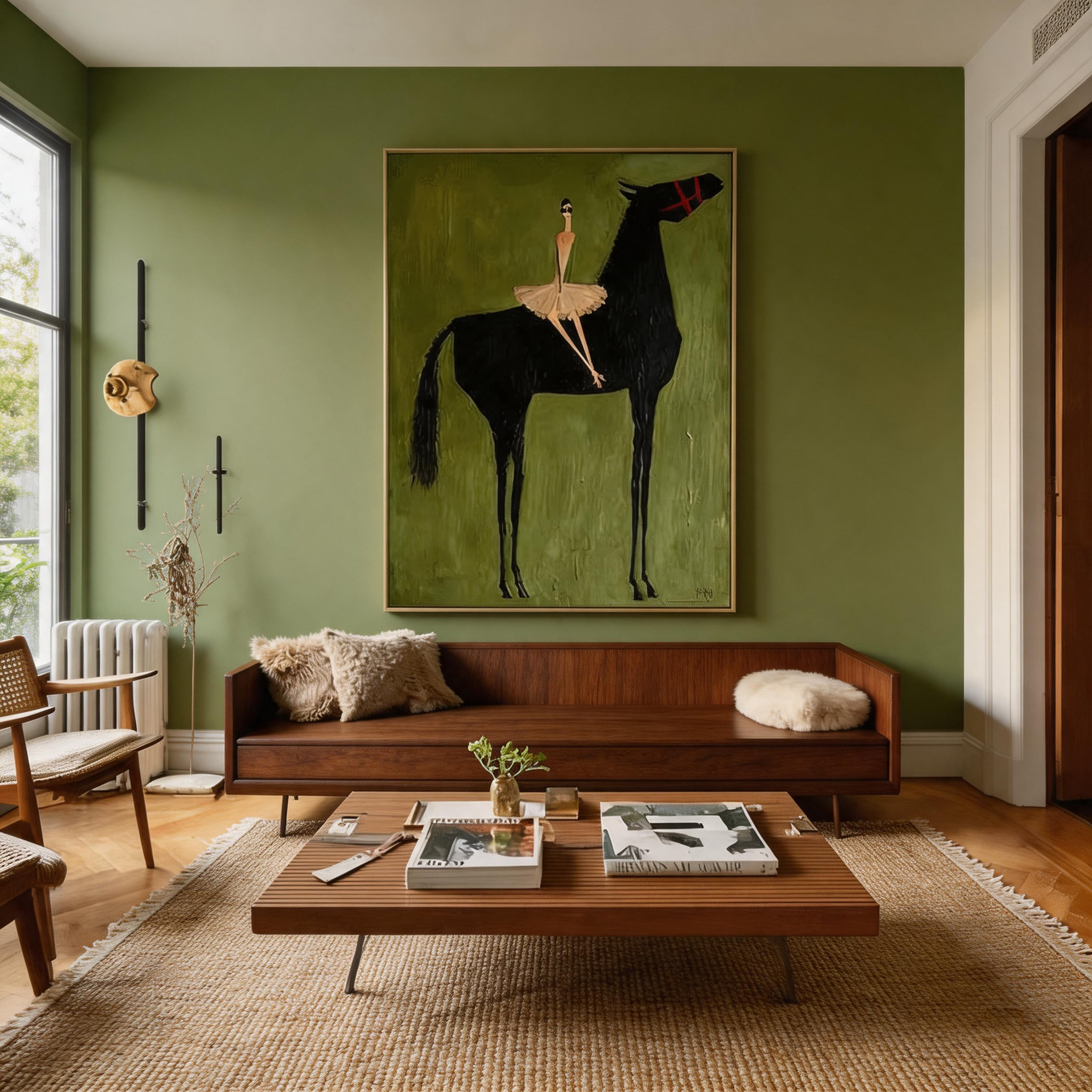 The Ballerina & the Black Horse — Whimsical Folk Art Canvas Wall Art #HA030
